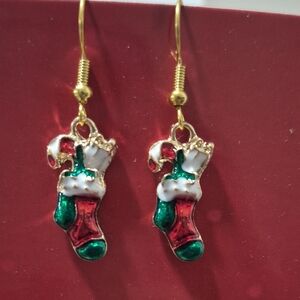 Christmas Stocking Candy Cane Dangle Earrings | Festive Enamel Gold Tone Holiday